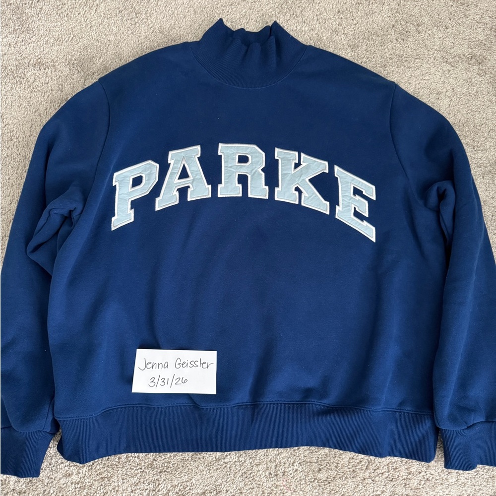 L/XL Parke Women’s Holiday Varsity Turtleneck in Winter Berry + Baby Blue (NWOT)